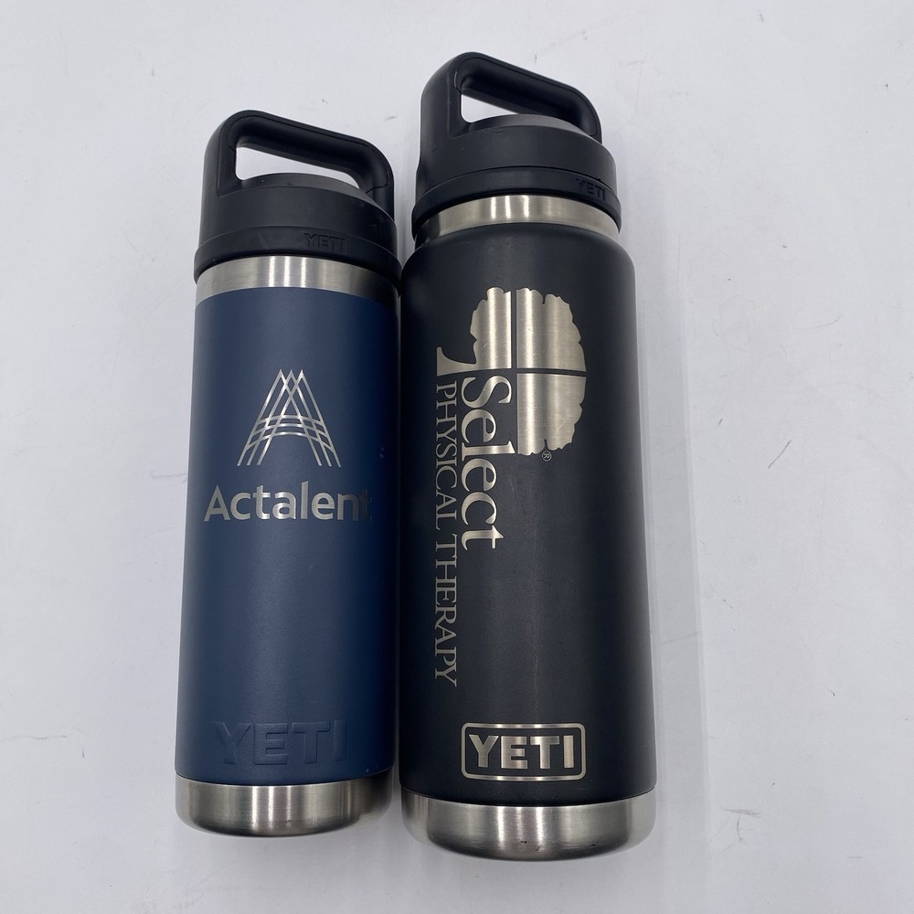Lot Of 2 Yeti Rambler 26 18‎ Oz Bottle Black Chug Cap PICS SHOWS WEAR Engraved
